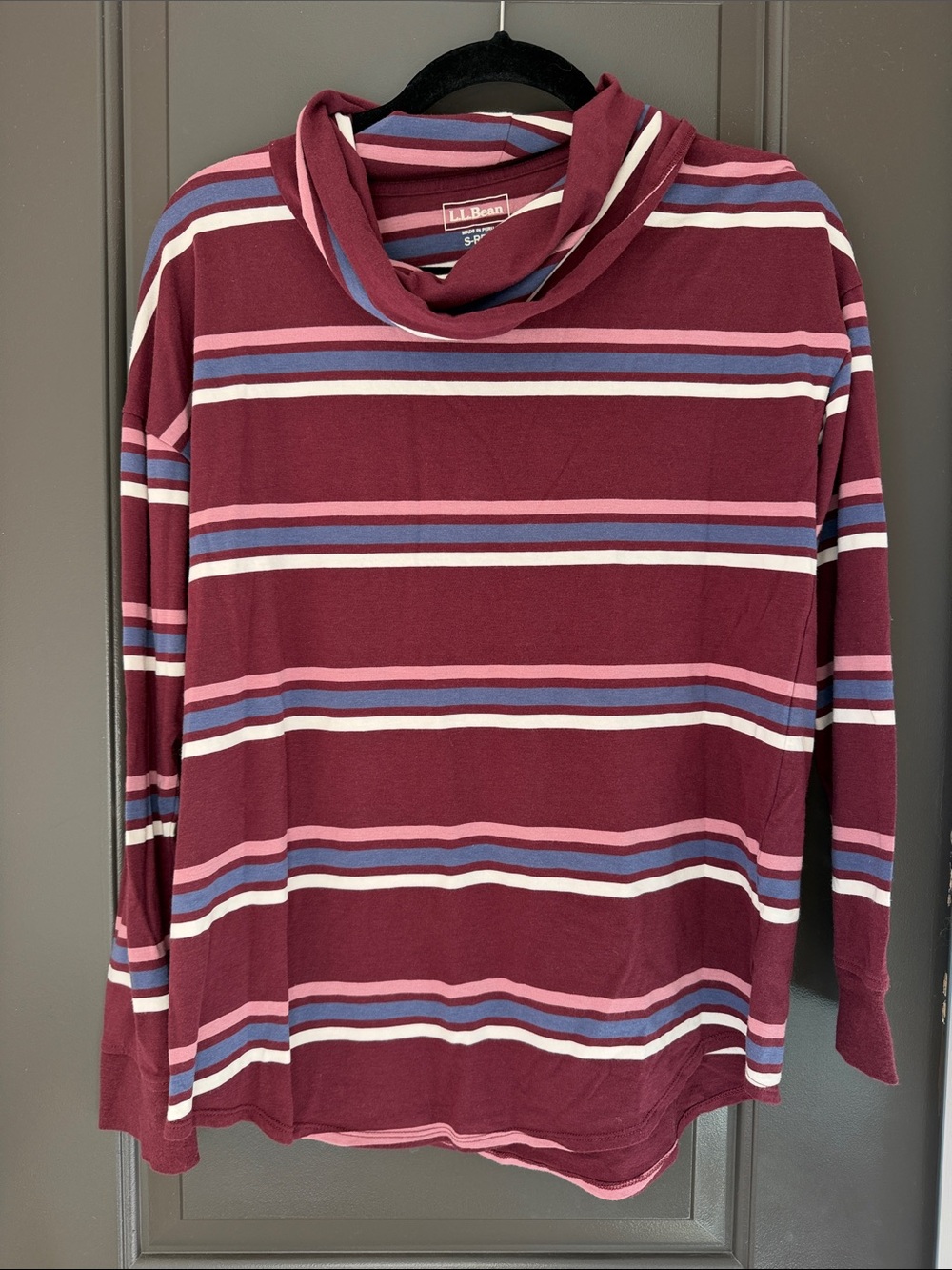 L.L. Bean Burgundy Striped Cowl-Neck Long-Sleeve Top Small